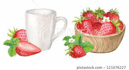 Ripe strawberries in a bowl and a white cup. Watercolor illustration. Healthy food concept. Composition of spring berries. Ingredient for various dishes. Ripe strawberries in a bowl and a white cup. Watercolor illustration. Healthy food concept. Composition of spring berries. Ingredient for various dishes. 121076227