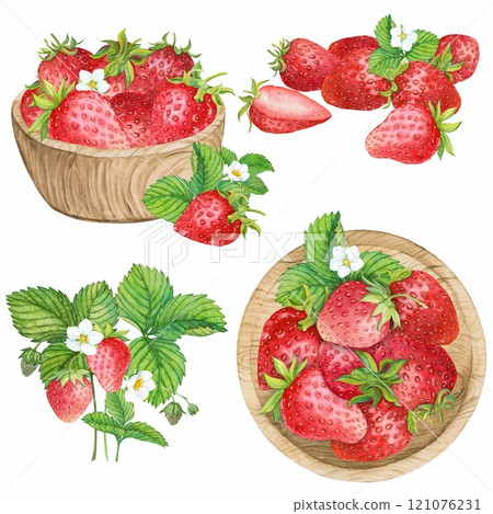Farm strawberries, watercolor set. Harvest of ripe berries. Strawberries on a plate, in a bouquet. Clipart for the design of natural products. Farm strawberries, watercolor set. Harvest of ripe berries. Strawberries on a plate, in a bouquet. Clipart for the design of natural products. 121076231