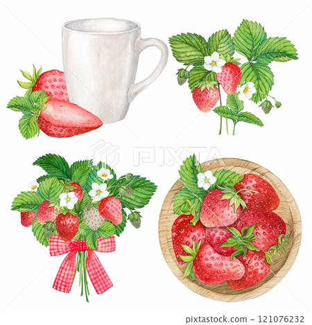 Farm strawberries, watercolor set. Harvest of ripe berries. Strawberries on a plate, in a bouquet. Clipart for the design of natural products. Farm strawberries, watercolor set. Harvest of ripe berries. Strawberries on a plate, in a bouquet. Clipart for the design of natural products. 121076232