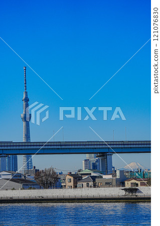 Skytree, Mt. Fuji, and Metropolitan Expressway as seen from Nakagawa Promenade in winter 121076830