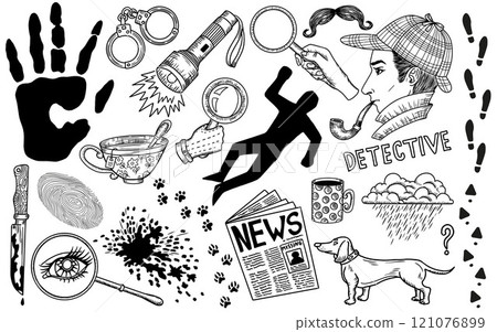 Hand drawn design set with cartoon detective and crime investigation symbols. Vector line art illustration with engraved retro objects and elements isolated on white. Discovery concept 121076899