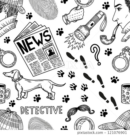 Seamless pattern with cartoon detective and crime discovery symbols - spy, newspaper, trained dog, footsteps. Vector line art illustration with engraved retro objects and elements on white 121076901