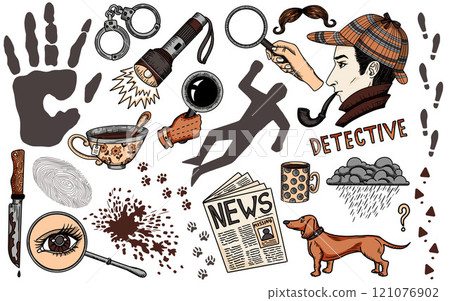 Hand drawn colorful design set with cartoon detective and crime investigation symbols isolated on white. Vector line art illustration with engraved retro objects and elements, stickers collection 121076902