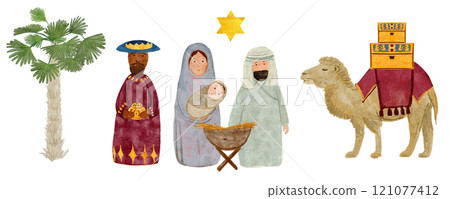 Holy family, wise men, camel with gifts Christmas border digital watercolor. Hand painted art for table cloth or runner, tape, celebration of true Christmas, decoration. Cute minimalistic clip art 121077412