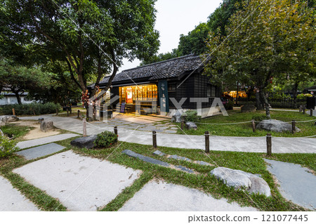 Garden view of the Hinoki Village (cypress forest life village) in Chiayi, Taiwan.  121077445