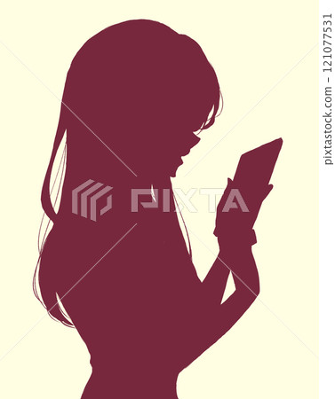 Silhouette of a woman happily touching her smartphone Silhouette of a woman happily touching her smartphone 121077531