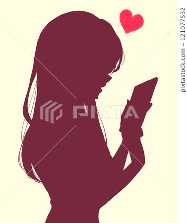 A woman happily touching her smartphone, love, silhouette A woman happily touching her smartphone, love, silhouette 121077532