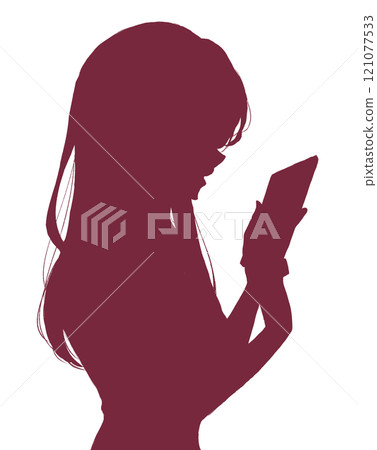 Silhouette of a woman happily touching her smartphone Silhouette of a woman happily touching her smartphone 121077533