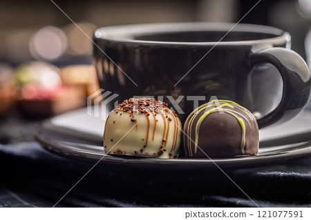 Two chocolate pralines and coffee cup on black table. Two chocolate pralines and coffee cup on black table. 121077591