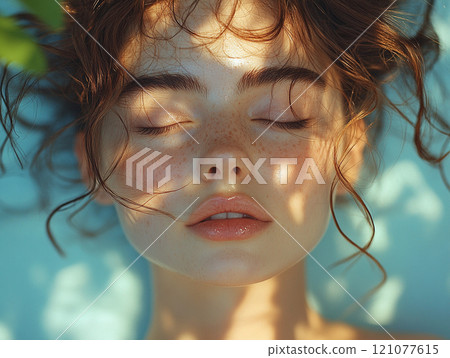 Natural and beautiful woman relaxing in the sunlight 121077615