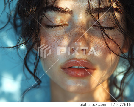 美麗的自然女人在陽光下放鬆 美麗的自然女人在陽光下放鬆 121077616