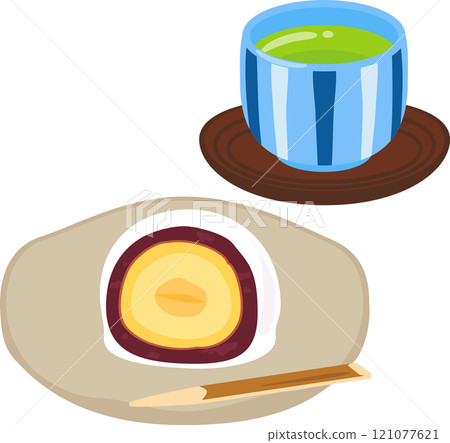 Halved chestnut daifuku and green tea 121077621