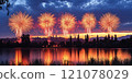 A view of a large metropolis lighting up fireworks to celebrate Christmas and New Year 121078029