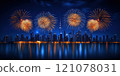 A view of a large metropolis lighting up fireworks to celebrate Christmas and New Year 121078031