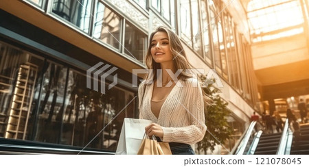 Beautiful young model is shopping in a large department store. 121078045