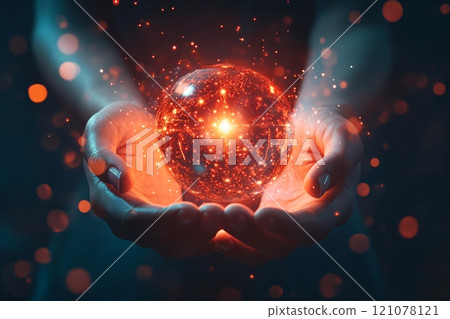 Hands encircling a radiant sphere in an abstract digital design, symbolizing insurance Hands encircling a radiant sphere in an abstract digital design, symbolizing insurance 121078121
