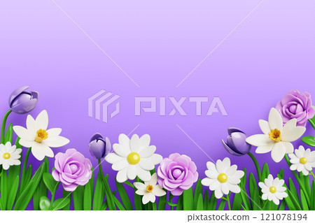 Flower 3d purple background. Spring banner with border of rose, tulip, chamomile, narcissus with green leaves and grass, garden blossom frame. Abstract floral beauty pattern render. 3D illustration 121078194