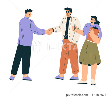 Man and Woman Character Shaking Hands after Completed the Deal Vector Illustration 121078210