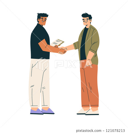 Man Character Shaking Hands after Completed the Deal Vector Illustration Man Character Shaking Hands after Completed the Deal Vector Illustration 121078213