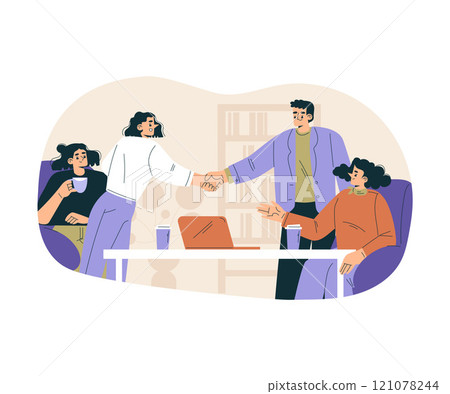 Man and Woman Character Shaking Hands after Completed the Deal Vector Illustration 121078244