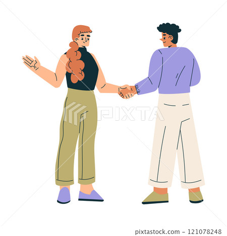 Man and Woman Character Shaking Hands after Completed the Deal Vector Illustration Man and Woman Character Shaking Hands after Completed the Deal Vector Illustration 121078248