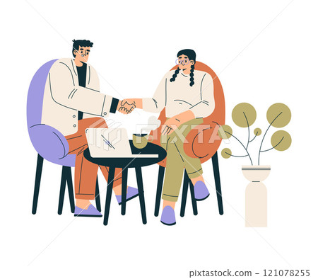 Man and Woman Character Shaking Hands after Completed the Deal Vector Illustration Man and Woman Character Shaking Hands after Completed the Deal Vector Illustration 121078255
