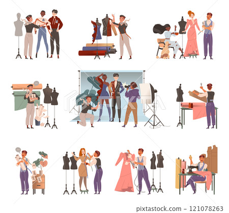 Man Dressmaker and Fashion Designer Character Work in Atelier Vector Set 121078263