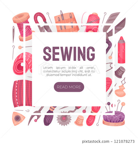 Sewing Tools Banner Design with Handcraft Equipment Vector Template 121078273