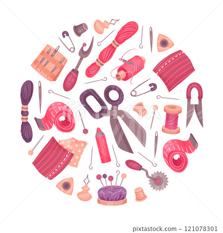 Sewing Tools Round Composition Design with Handcraft Equipment Vector Template 121078301