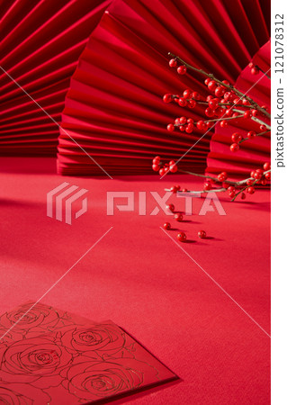 A frontal view of a crimson surface with an empty space for presentation products, surrounded by red envelopes, a winterberry branch, and some red paper fans, perfect for the Asian New Year theme. A frontal view of a crimson surface with an empty space for presentation products, surrounded by red envelopes, a winterberry branch, and some red paper fans, perfect for the Asian New Year theme. 121078312