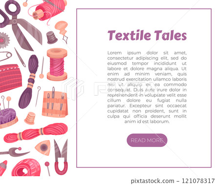 Sewing Tools Banner Design with Handcraft Equipment Vector Template 121078317