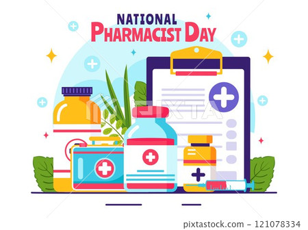 World Pharmacists Day Vector Illustration Featuring a Doctor, Medicines, and Pills in a Healthcare Themed Flat Style Cartoon Background 121078334