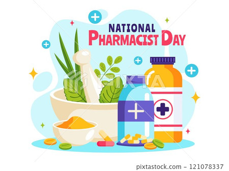 World Pharmacists Day Vector Illustration Featuring a Doctor, Medicines, and Pills in a Healthcare Themed Flat Style Cartoon Background 121078337