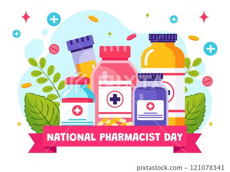 World Pharmacists Day Vector Illustration Featuring a Doctor, Medicines, and Pills in a Healthcare Themed Flat Style Cartoon Background 121078341
