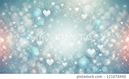 天藍色和白色的心閃閃發光的散景背景〜純淨的光包裹的世界〜 121078498