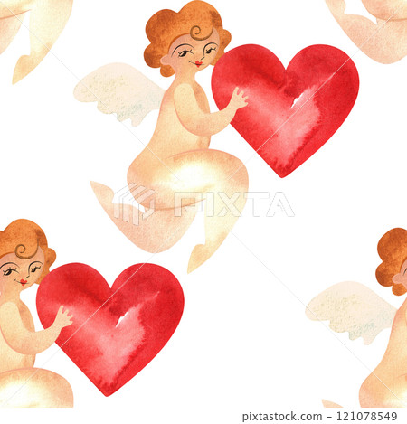 Cupids with hearts in vintage style. Watercolor seamless pattern for textiles and wrapping paper for Valentine's Day or wedding. Cupids with hearts in vintage style. Watercolor seamless pattern for textiles and wrapping paper for Valentine's Day or wedding. 121078549