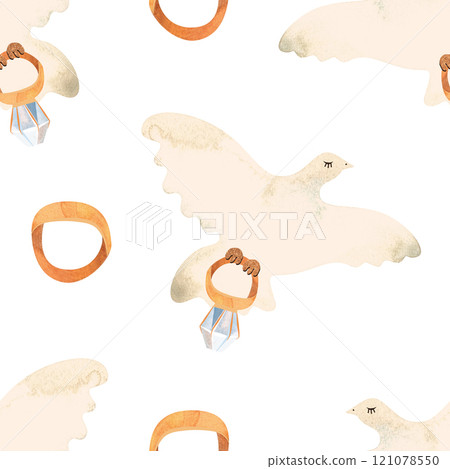 White doves, vintage style engagement and wedding rings. Love mail. Watercolor seamless pattern for textiles and wedding wrapping paper. 121078550