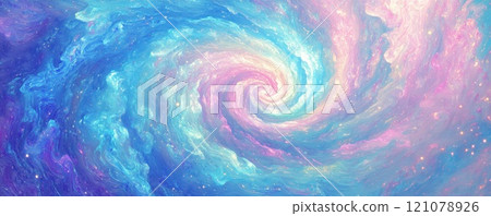 Pastel pink and blue nebula spiral forming in deep space 121078926