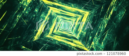Glowing green and yellow square tunnel creating infinite spiral pattern Glowing green and yellow square tunnel creating infinite spiral pattern 121078960