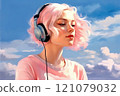 Beautiful young girl with pink hair wearing headphones 121079032