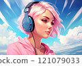 Beautiful young girl with pink hair wearing headphones 121079033