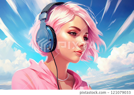 Beautiful young girl with pink hair wearing headphones Beautiful young girl with pink hair wearing headphones 121079033