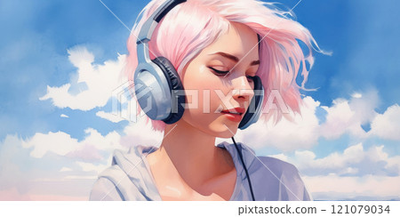 Beautiful young girl with pink hair wearing headphones Beautiful young girl with pink hair wearing headphones 121079034