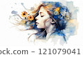 Watercolor young woman with flowers portrait art 121079041