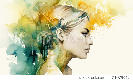 Portrait woman with plants and leaves 121079042