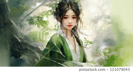 Portrait of young asian woman with plants and leaves Portrait of young asian woman with plants and leaves 121079043