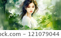 Portrait of young asian woman with plants and leaves 121079044