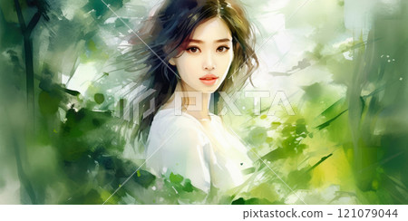 Portrait of young asian woman with plants and leaves Portrait of young asian woman with plants and leaves 121079044