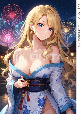 A woman in an open yukata watching fireworks 121079163