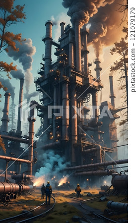 Industrial facility surrounded by towering smoke stacks and a sunset glow illuminating workers in the foreground. Generative AI 121079179